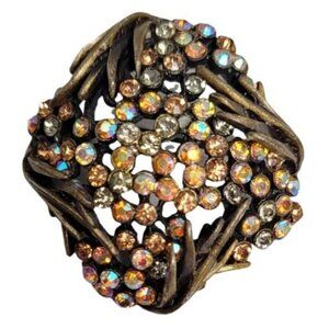 Karu Bronze Tone Amber AB Rhinestone Cluster Brooch, Signed